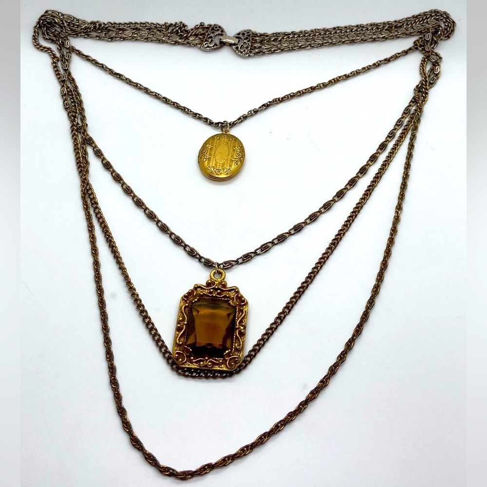 Vtg Goldette Multi Strand Layered Locket & Gem Stone Pendant Necklace | 31” L
